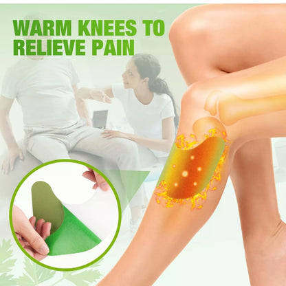 Product advertisement showing a green knee pad with a close-up of a knee and text 'Warm knees to relieve pain'.