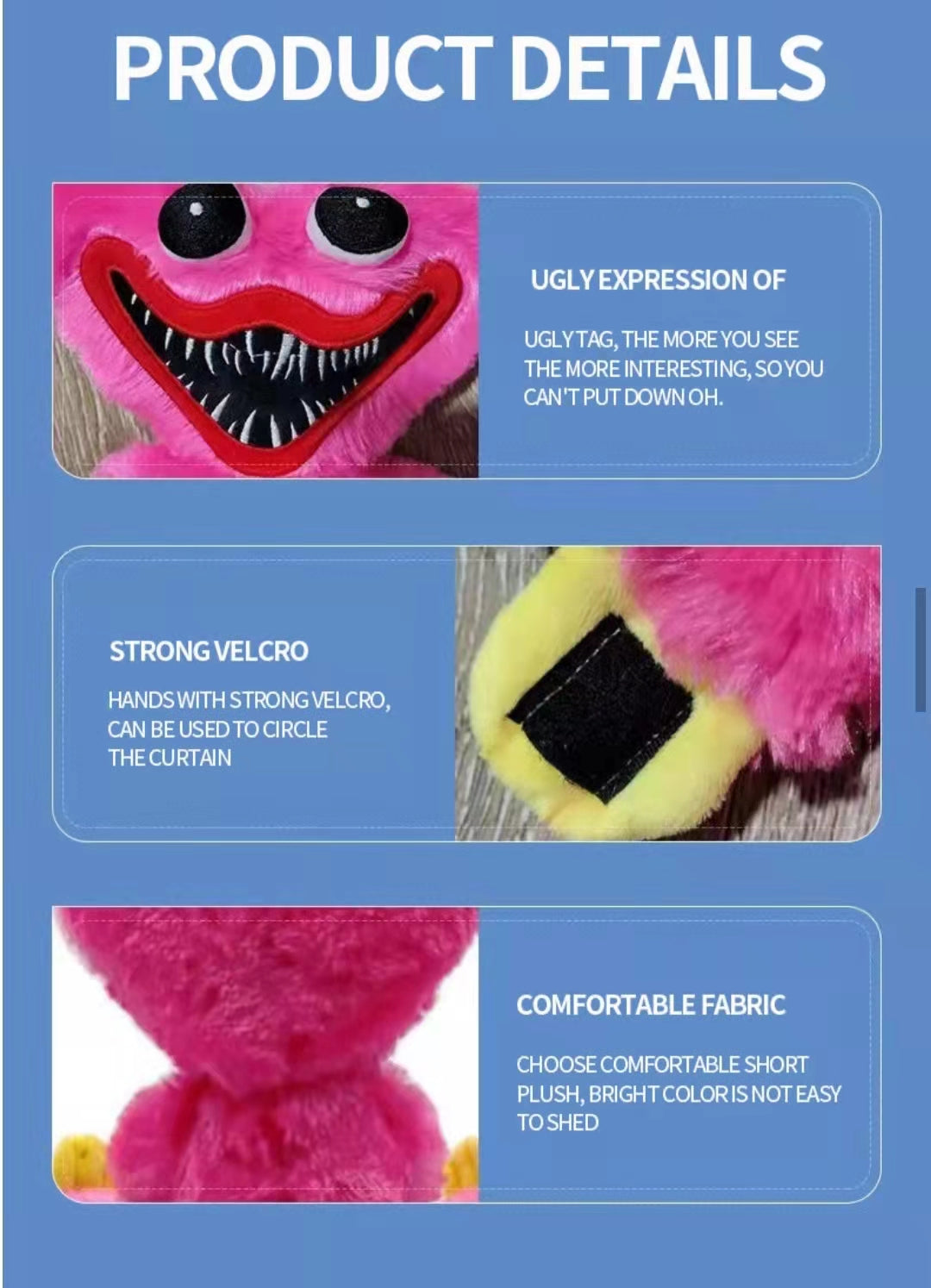 Product details of a huggie wuggie pink plush toy with text on a blue background
