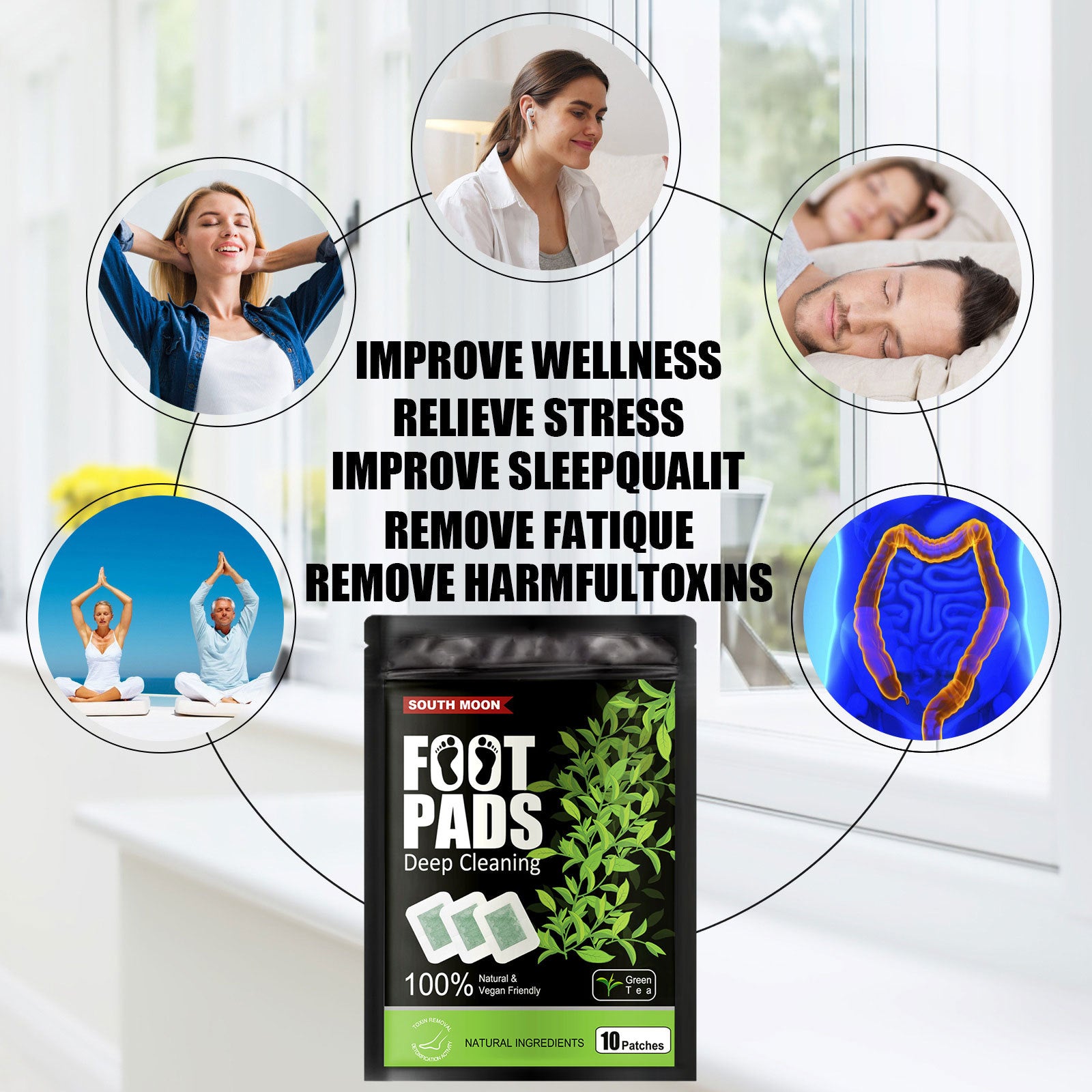 Promotional image of foot pads with wellness benefits and lifestyle images.