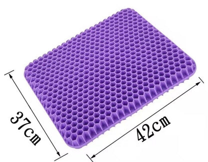 Purple honeycomb cushion with dimensions on a white background