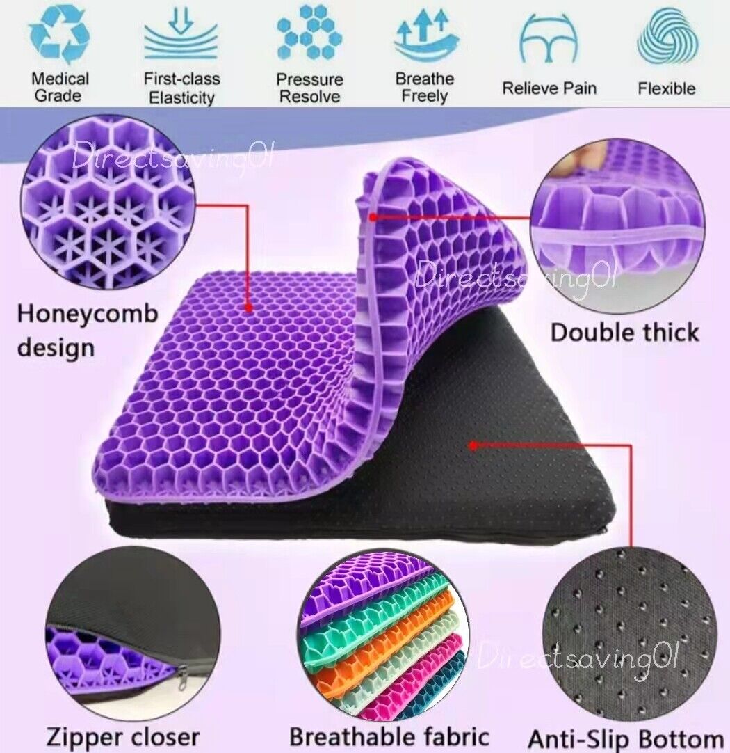Purple honeycomb cushion with features highlighted on a light purple background