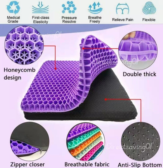 Purple honeycomb cushion with features highlighted on a light purple background