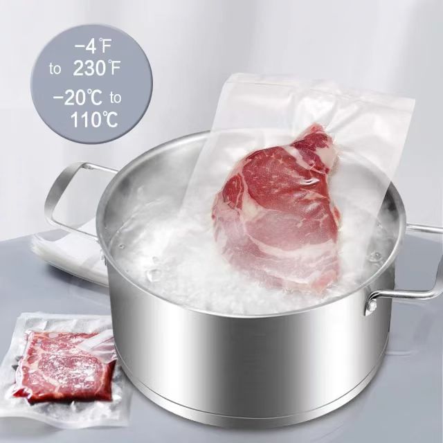 Raw meat in a vacuum sealing bag with a pot of boiling water, showing temperature range.