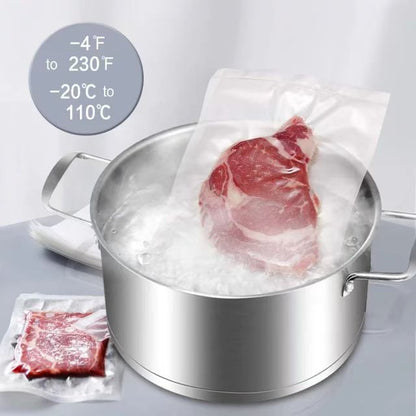 Raw meat in a vacuum sealing bag with a pot of boiling water, showing temperature range.