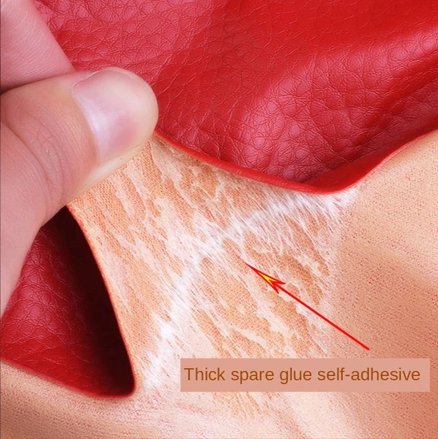 Red adhesive leather patch being applied to skin with text 'Thick spare glue self-adhesive'.