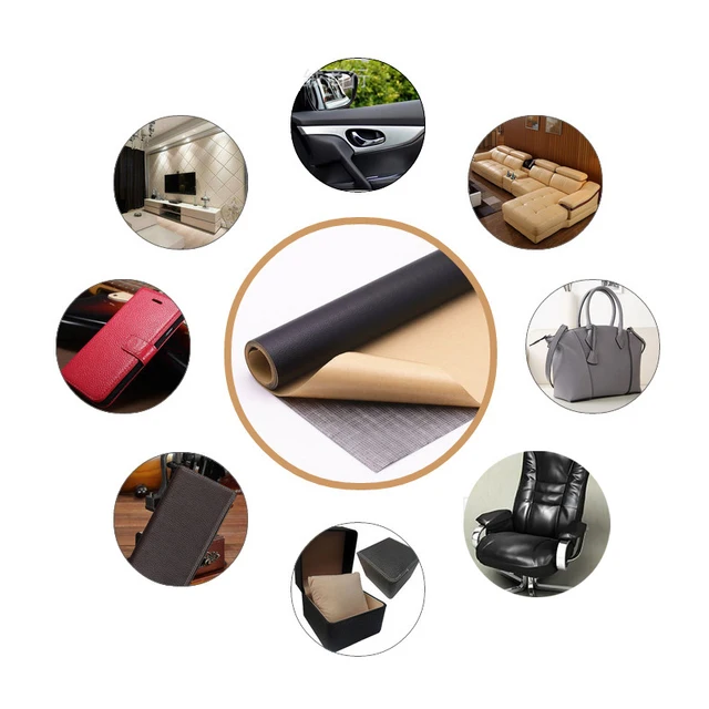 Roll of leather-like material with applications on various surfaces and products.