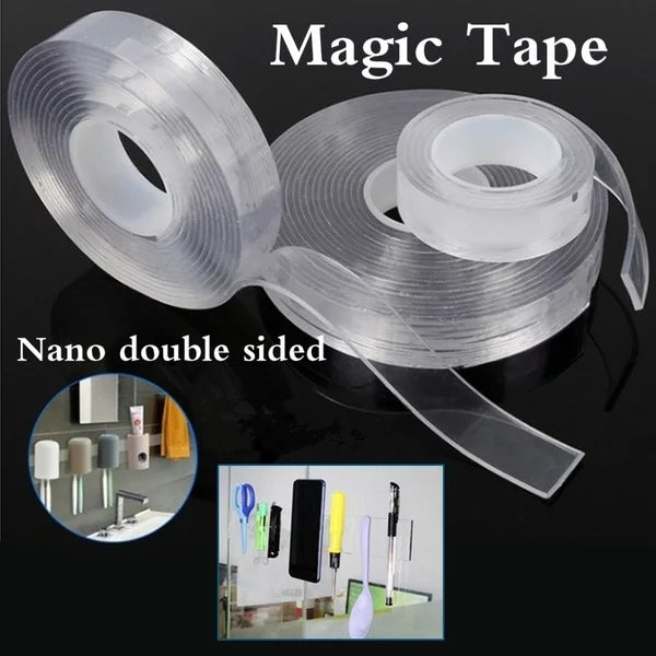 Roll of nano double-sided magic tape with examples of its use on a black background