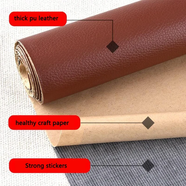 Roll of thick PU leather, craft paper, and strong stickers on a textured surface.