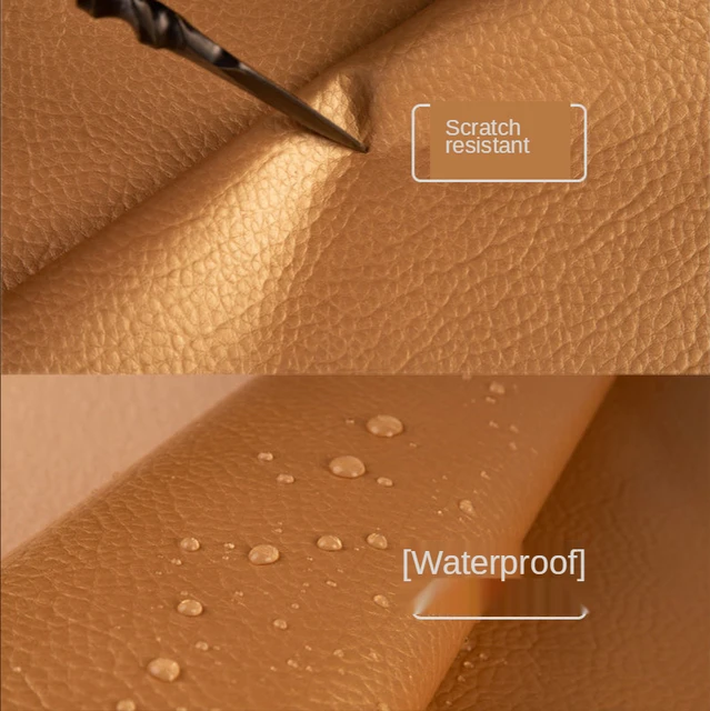 Scratch-resistant and waterproof leather surface with a needle and water droplets.