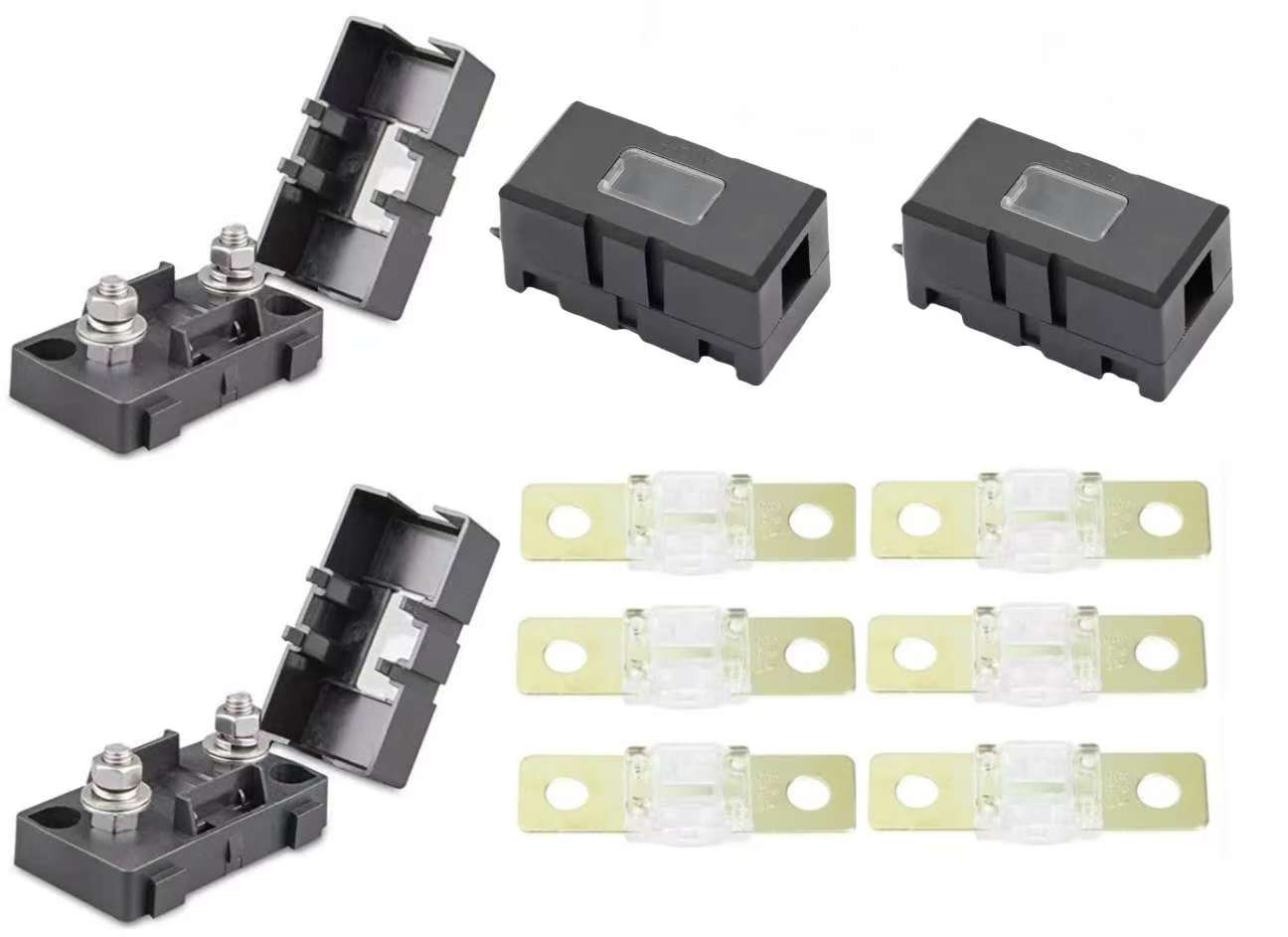 Set of 70a midi fuse kit and fuses on a white background