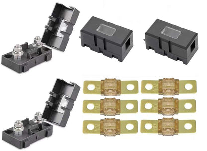 Set of black midi fuse kit and 70a gold fuses on a white background