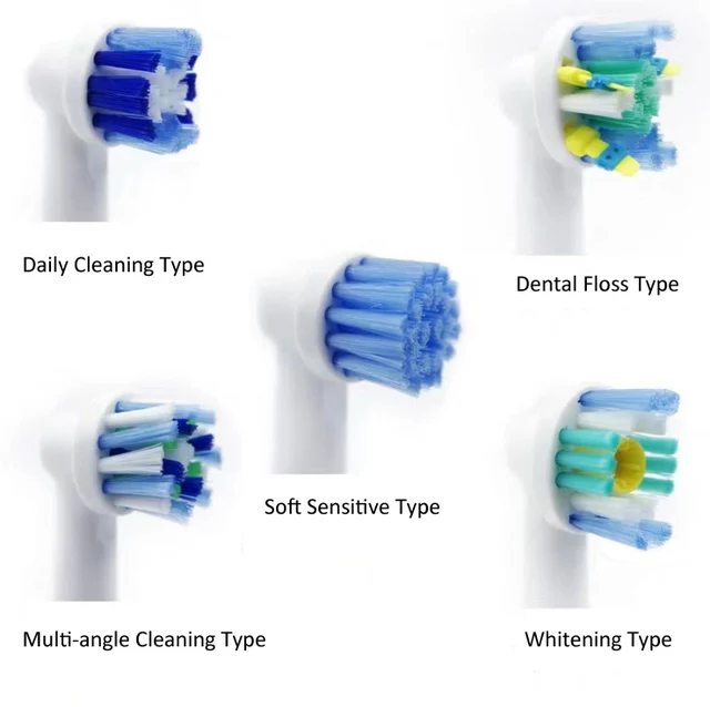 Set of different types of toothbrush heads with labels on a white background