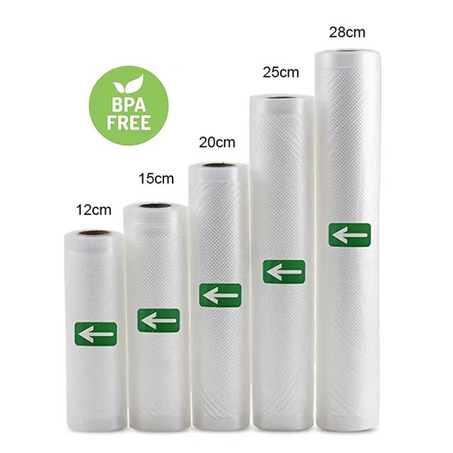 Set of five rolls of vacuum sealing bag wrap with measurements and BPA-free label on a white background