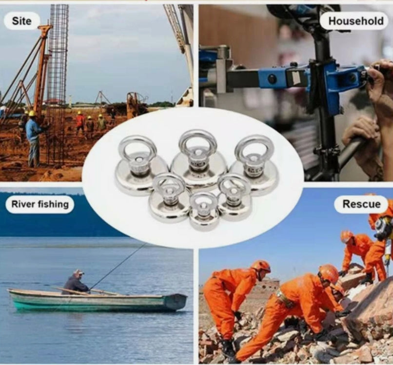Set of magnet hooks with applications in construction, household, river fishing, and rescue.