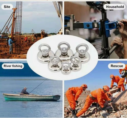 Set of magnet hooks with applications in construction, household, river fishing, and rescue.