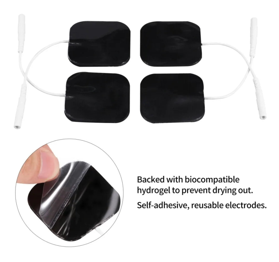 Set of self-adhesive, reusable tens machine pads electrodes with biocompatible hydrogel backing on a white background.