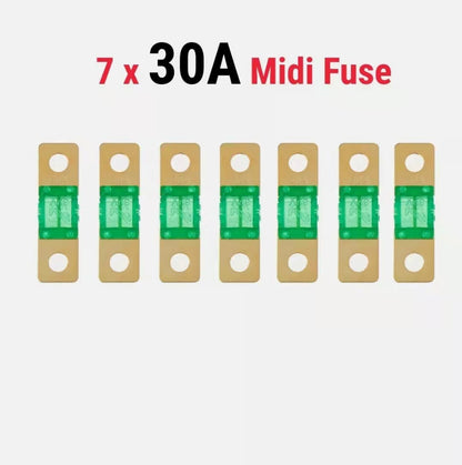 Seven 30A Midi fuses on a white background with text indicating quantity and rating.