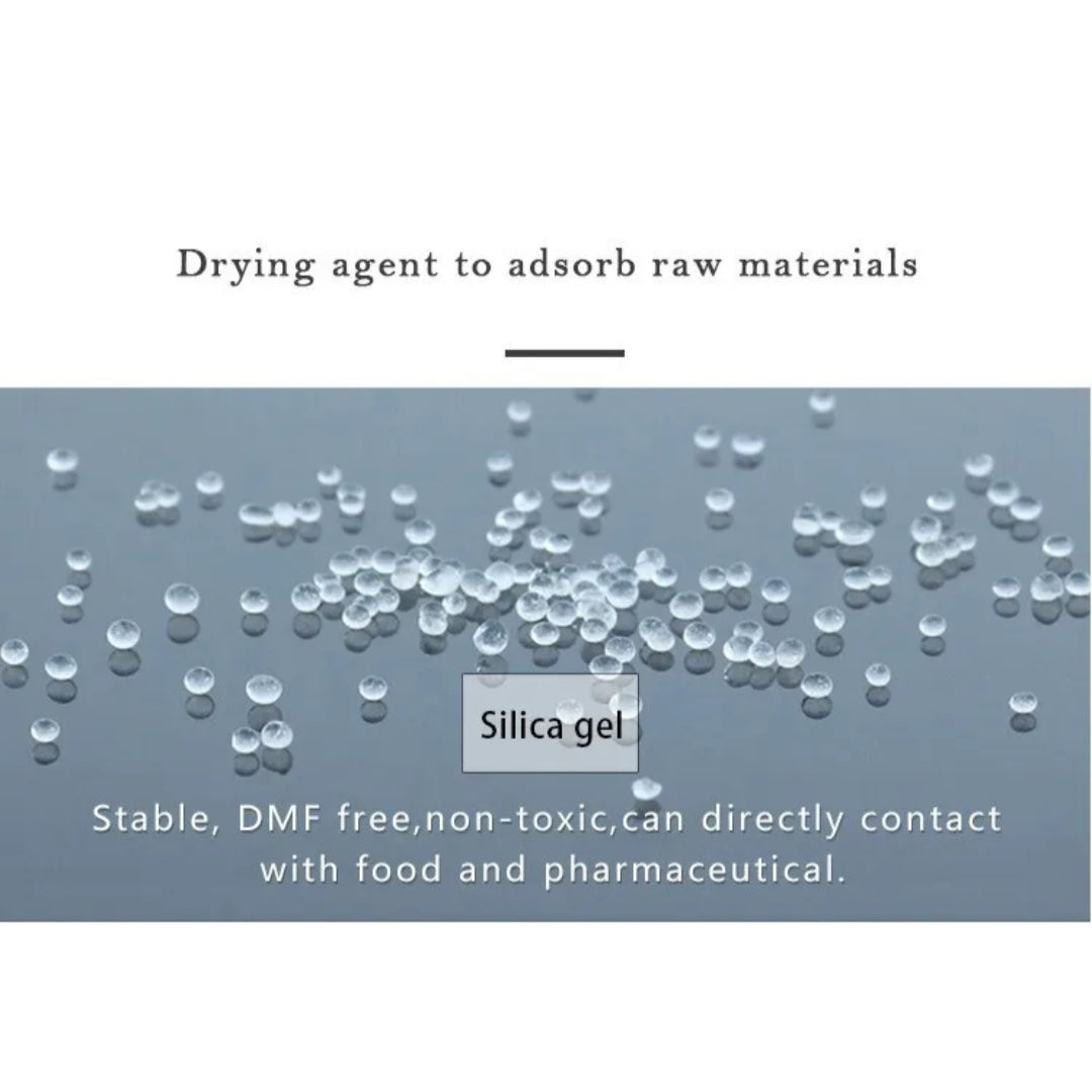 Silica gel beads with text about its properties on a white background