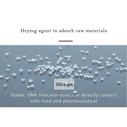 Silica gel beads with text about its properties on a white background