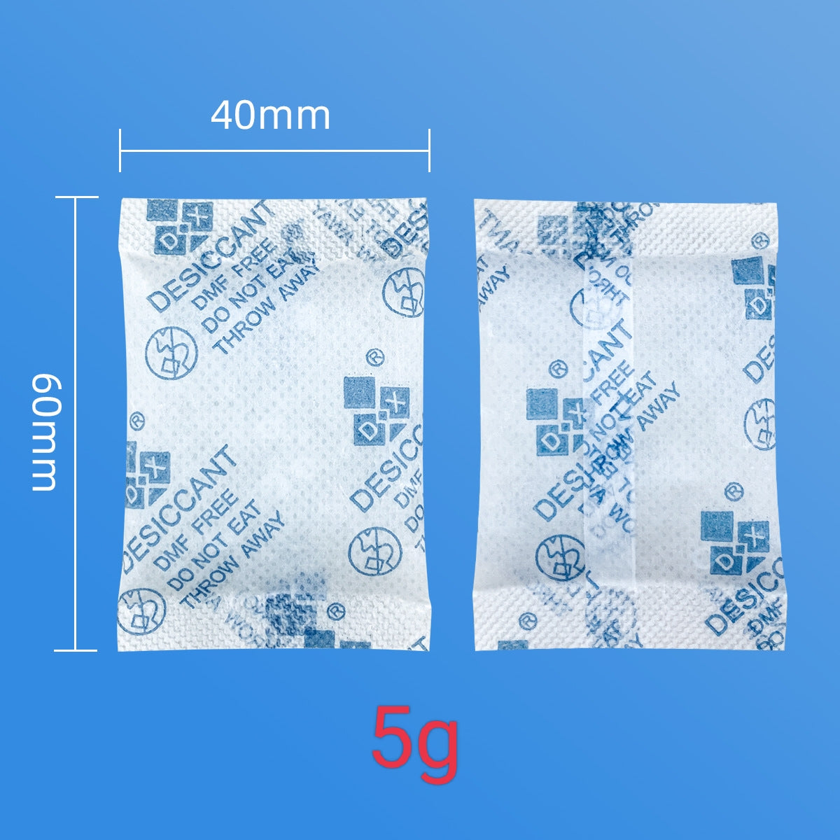 Two desiccant packets with dimensions and weight on a blue background
