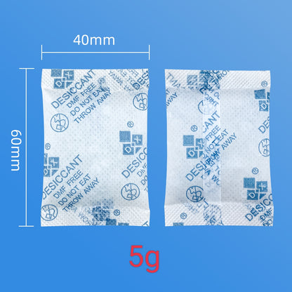 Two desiccant packets with dimensions and weight on a blue background