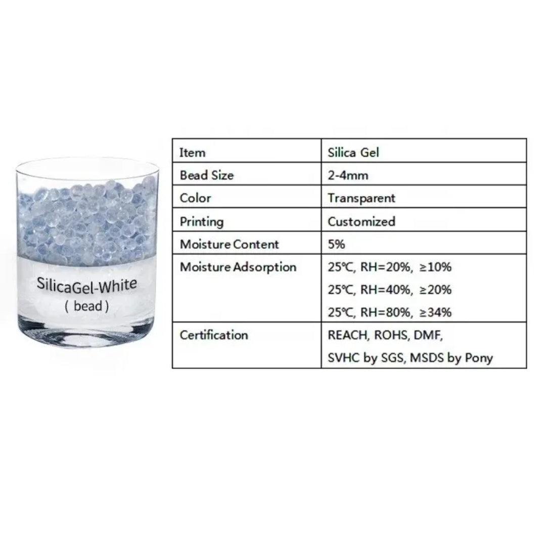 Silica gel beads in a glass container with product specifications on a white background
