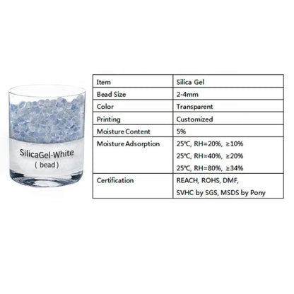 Silica gel beads in a glass container with product specifications on a white background