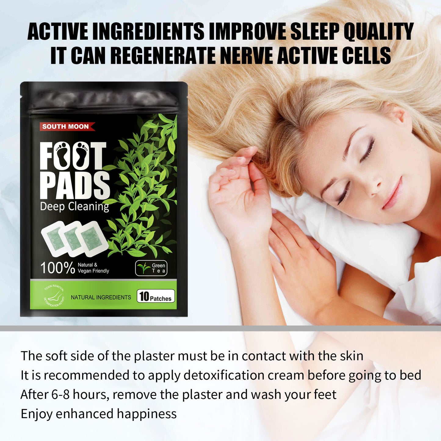 South Moon Foot Pads packaging with a woman sleeping and text about sleep quality and nerve cell regeneration.