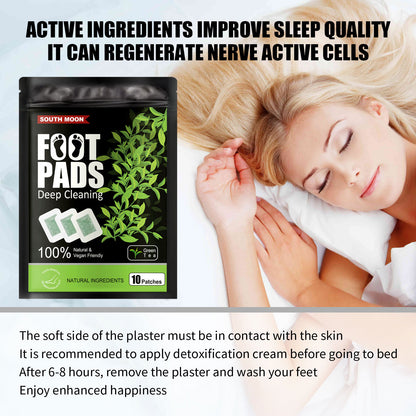 South Moon Foot Pads packaging with a woman sleeping and text about sleep quality and nerve cell regeneration.