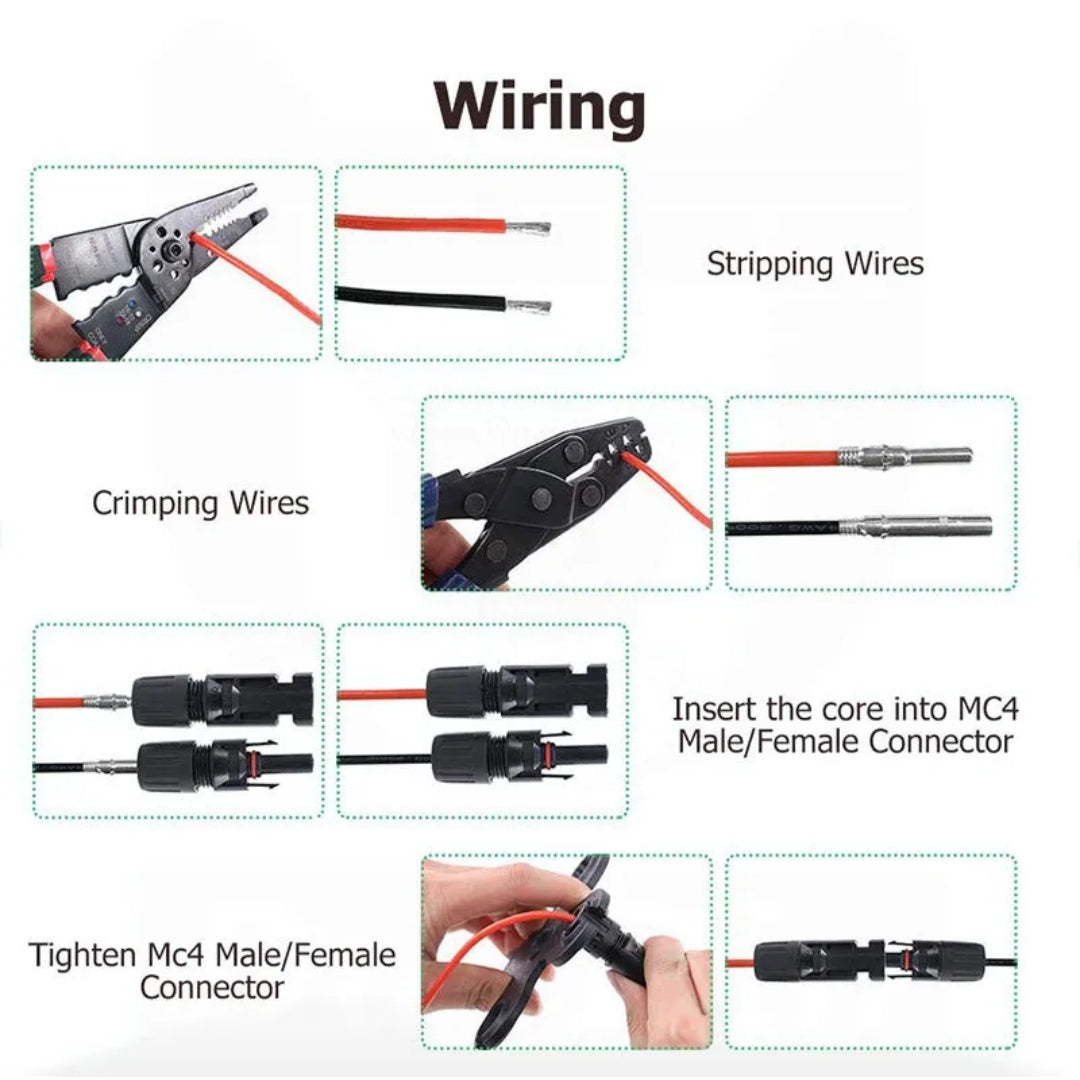 Step-by-step guide to wiring with tools and mc4 connectors on a white background