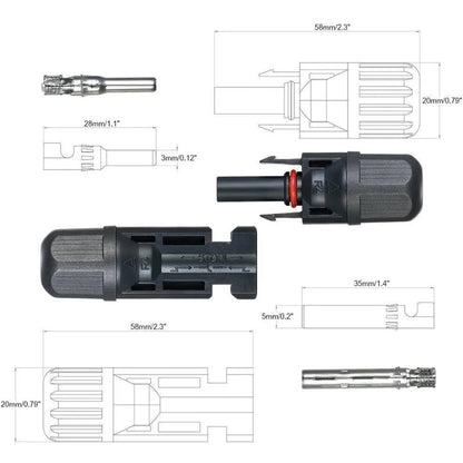 Technical drawing of a black mc4 connector with measurements on a white background