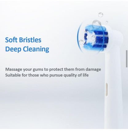 Toothbrush with soft bristles on a white background, featuring text about deep cleaning and gum care.
