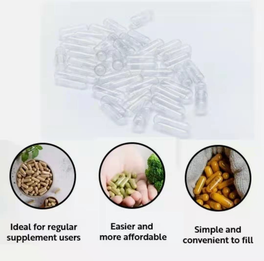 Transparent capsules with text describing their use for supplement users, ease of use, and affordability.