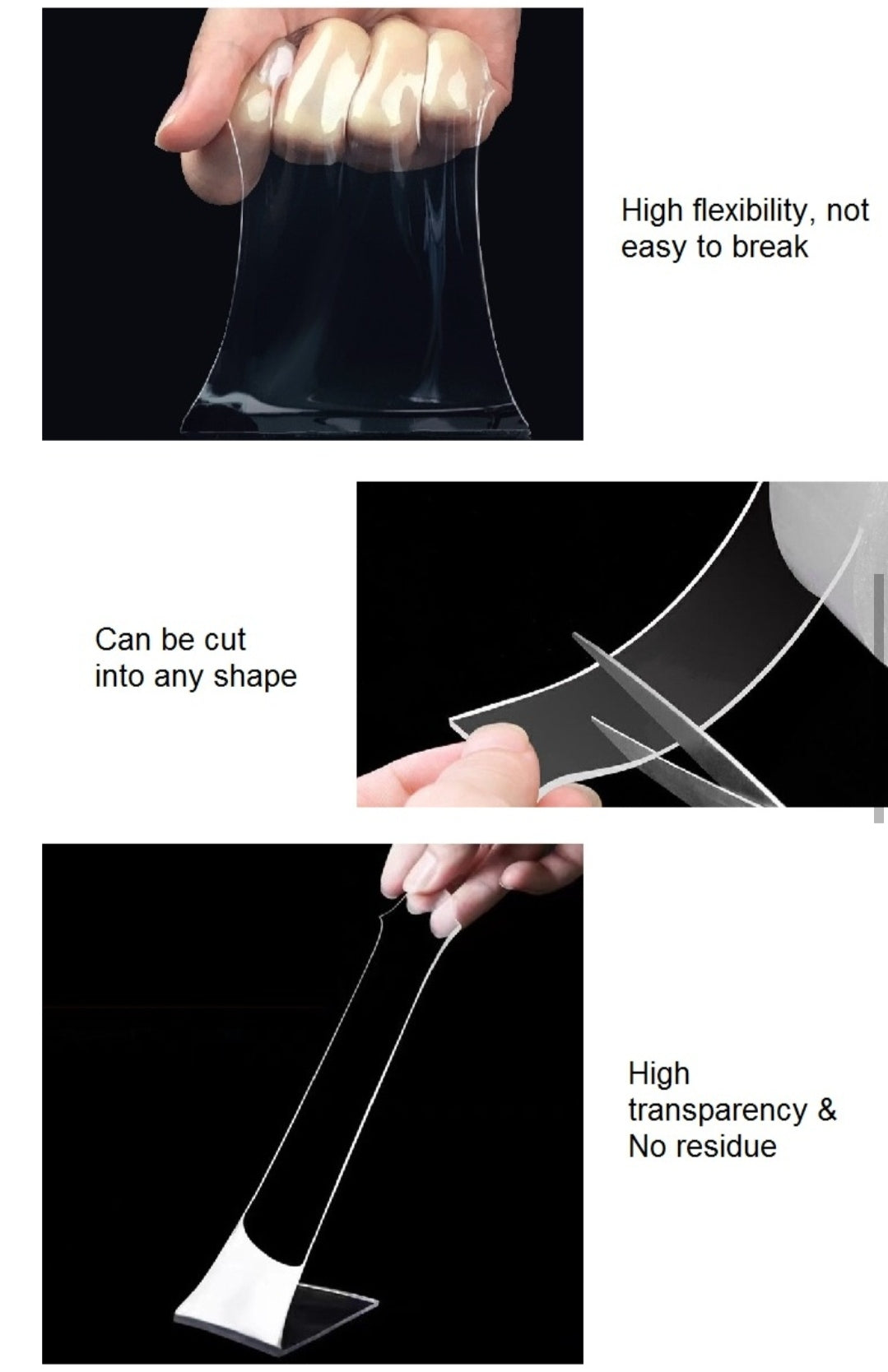 Transparent nano tape being stretched, cut, and shaped with text highlighting its properties.