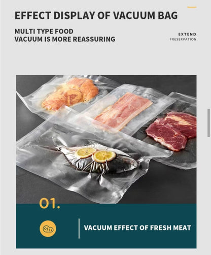 Vacuum-sealed food items including meat and fish on a gray background with text about vacuum packaging benefits.