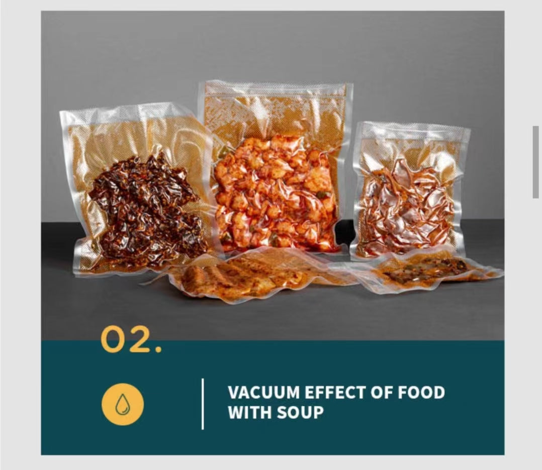Vacuum-sealed food packages with soup on a gray surface