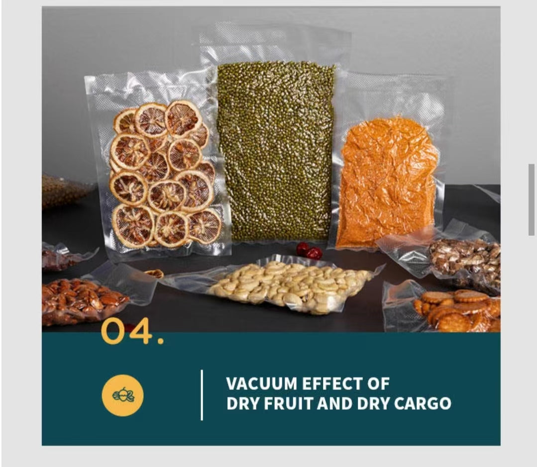 Vacuum-sealed packages of dried fruits and grains on a gray background with text about vacuum effect.