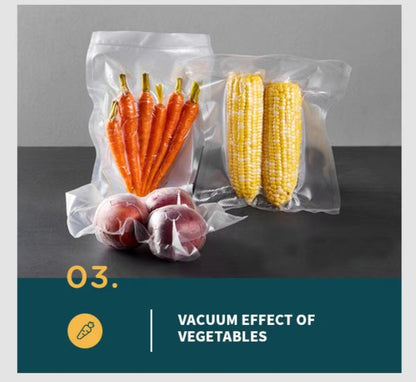 Vacuum-sealed vegetables including carrots, corn, and apples on a gray background with 'Vacuum Effect of Vegetables' text.