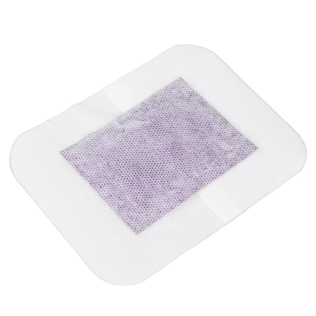 White detox foot patches with a textured purple square on a white background