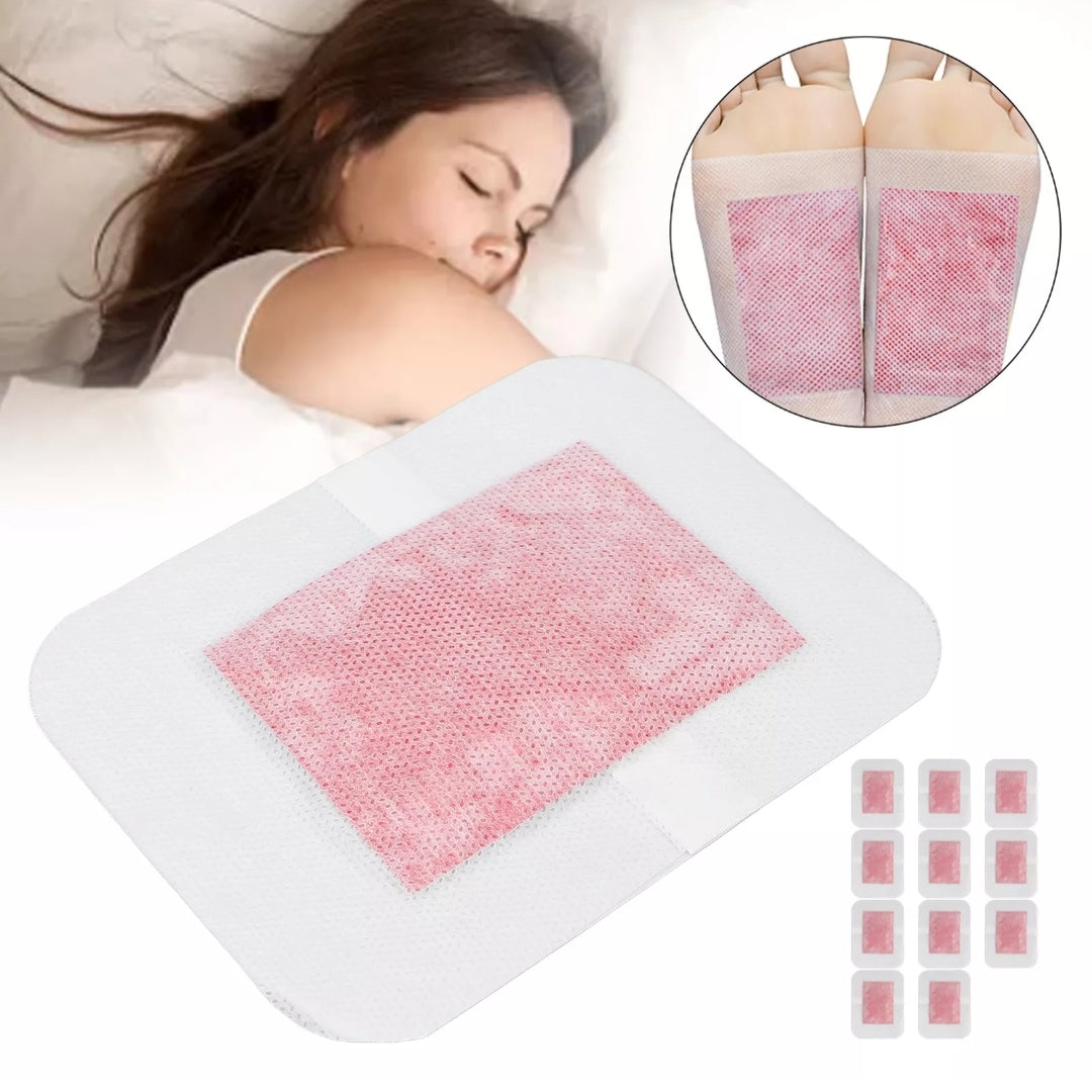 Woman lying down with a detox foot pad on her lap, inset showing close-up of the pad.