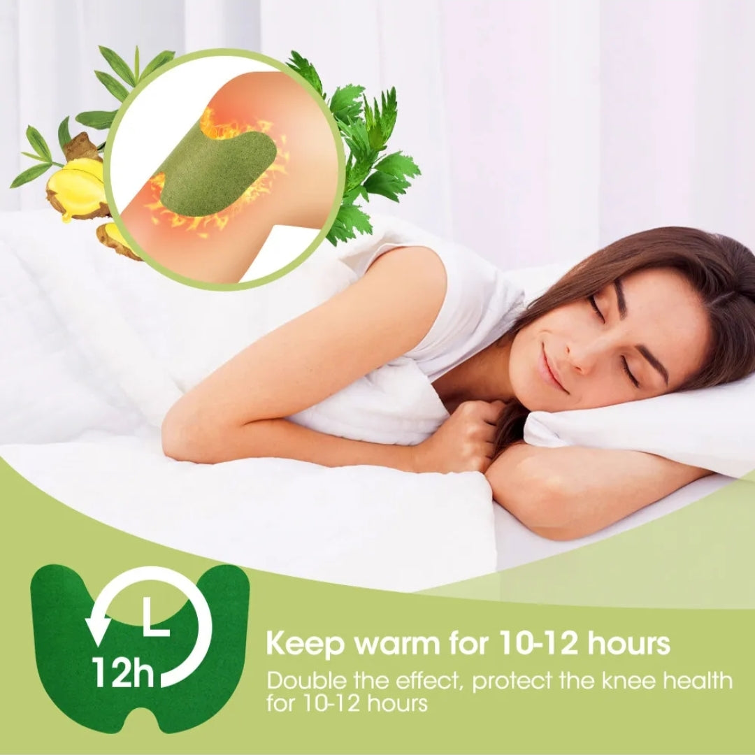 Woman sleeping with a pillow, inset showing a knee with a green arrow indicating warmth, and text about heat therapy duration.