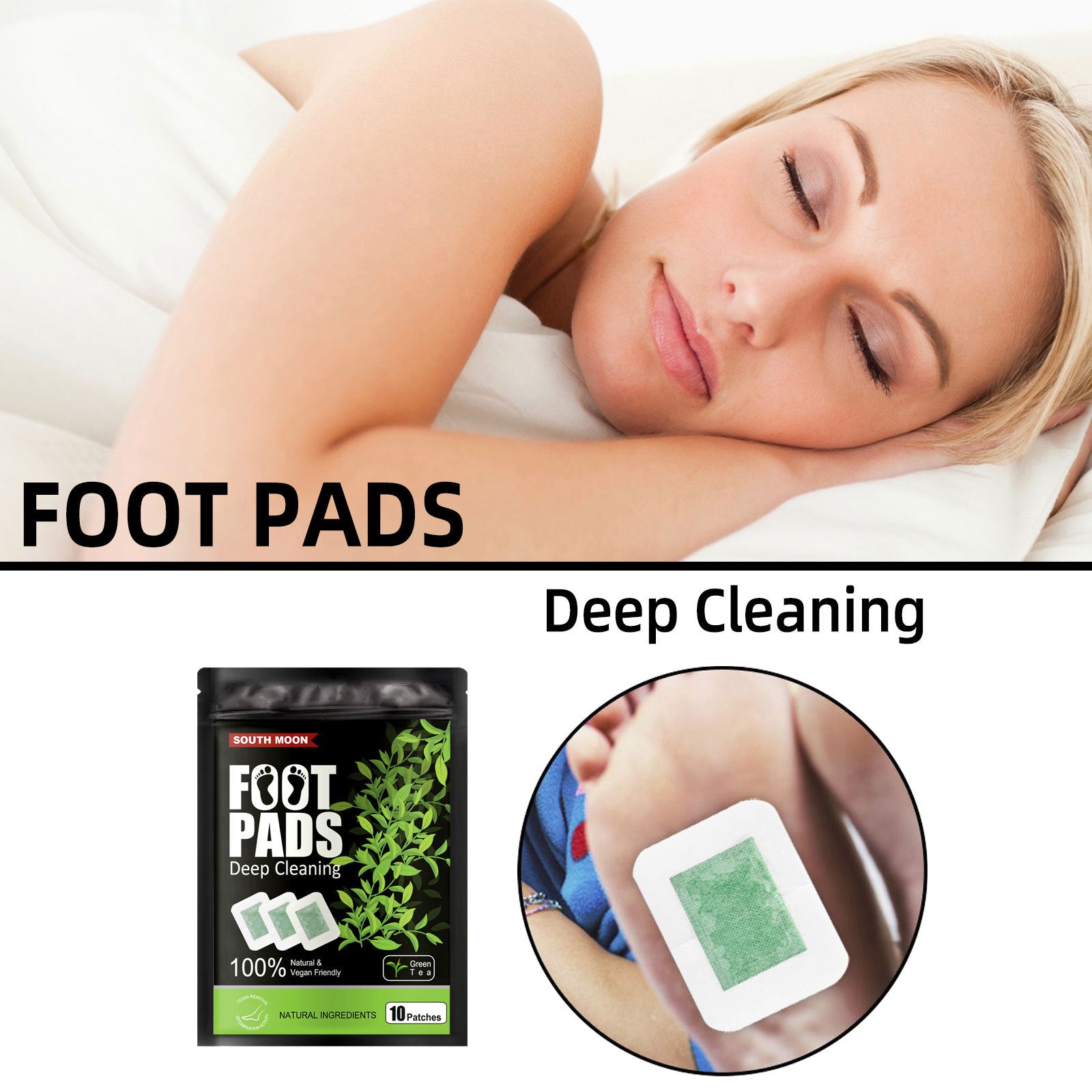 Woman sleeping with foot pads packaging and application on skin.