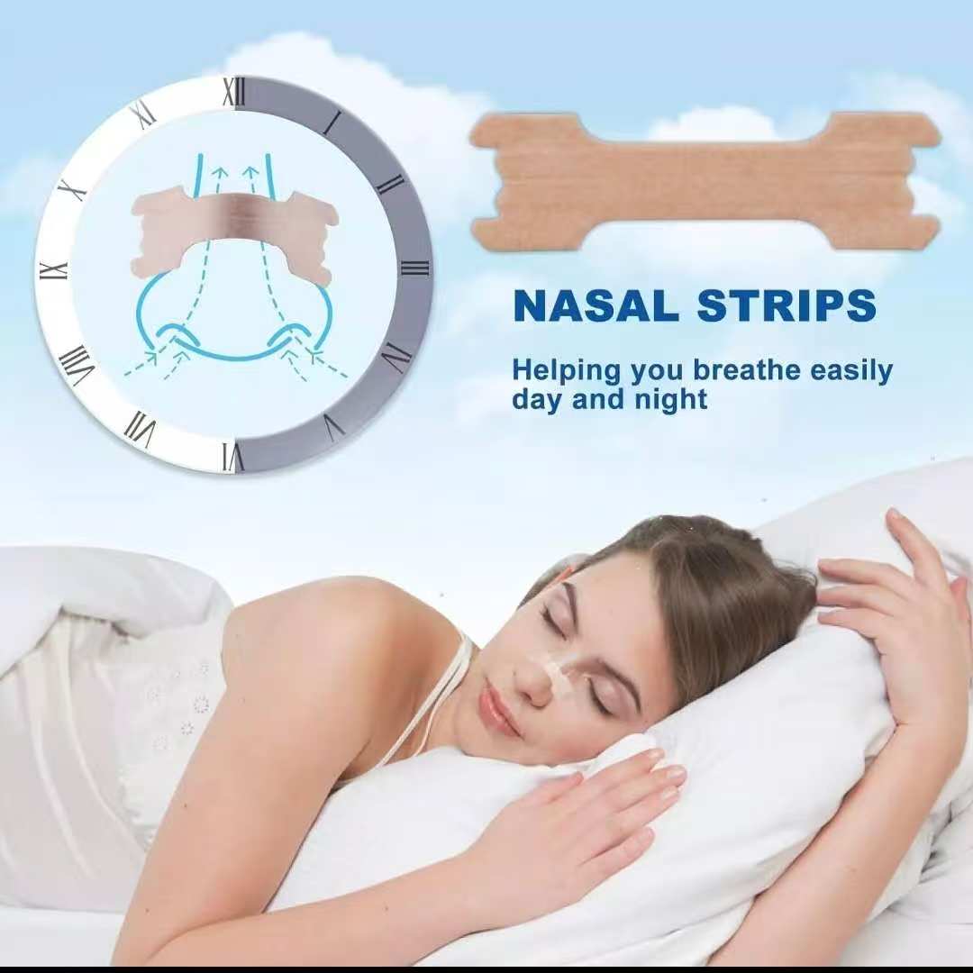 Woman sleeping with nasal strips on a blue background, featuring text about nasal strips helping breathe easily.