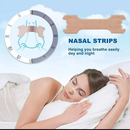 Woman sleeping with nasal strips on a blue background, featuring text about nasal strips helping breathe easily.