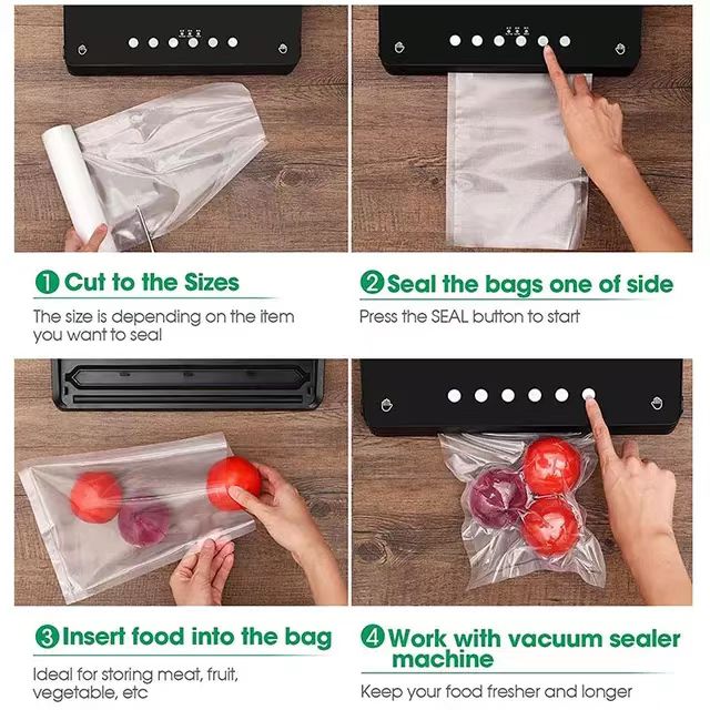 Instructions for using a vacuum sealer machine with vacuum sealing bags and food items on a wooden surface.