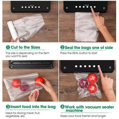 Instructions for using a vacuum sealer machine with vacuum sealing bags and food items on a wooden surface.
