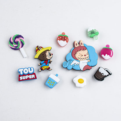 Collection of colorful labubu shoe charms on a light gray background