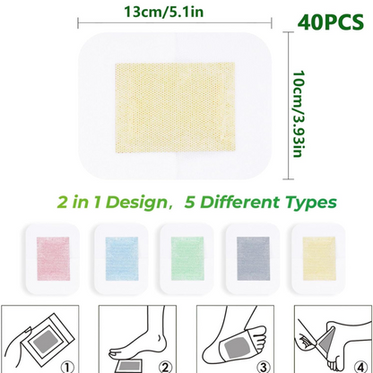 detox foot patches with text and images of patches, dimensions, and types.