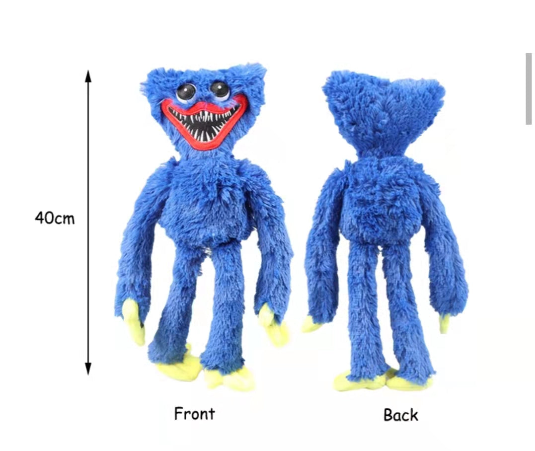 huggie wuggie Blue plush toy with open mouth, front and back views, on a white background with measurement label.