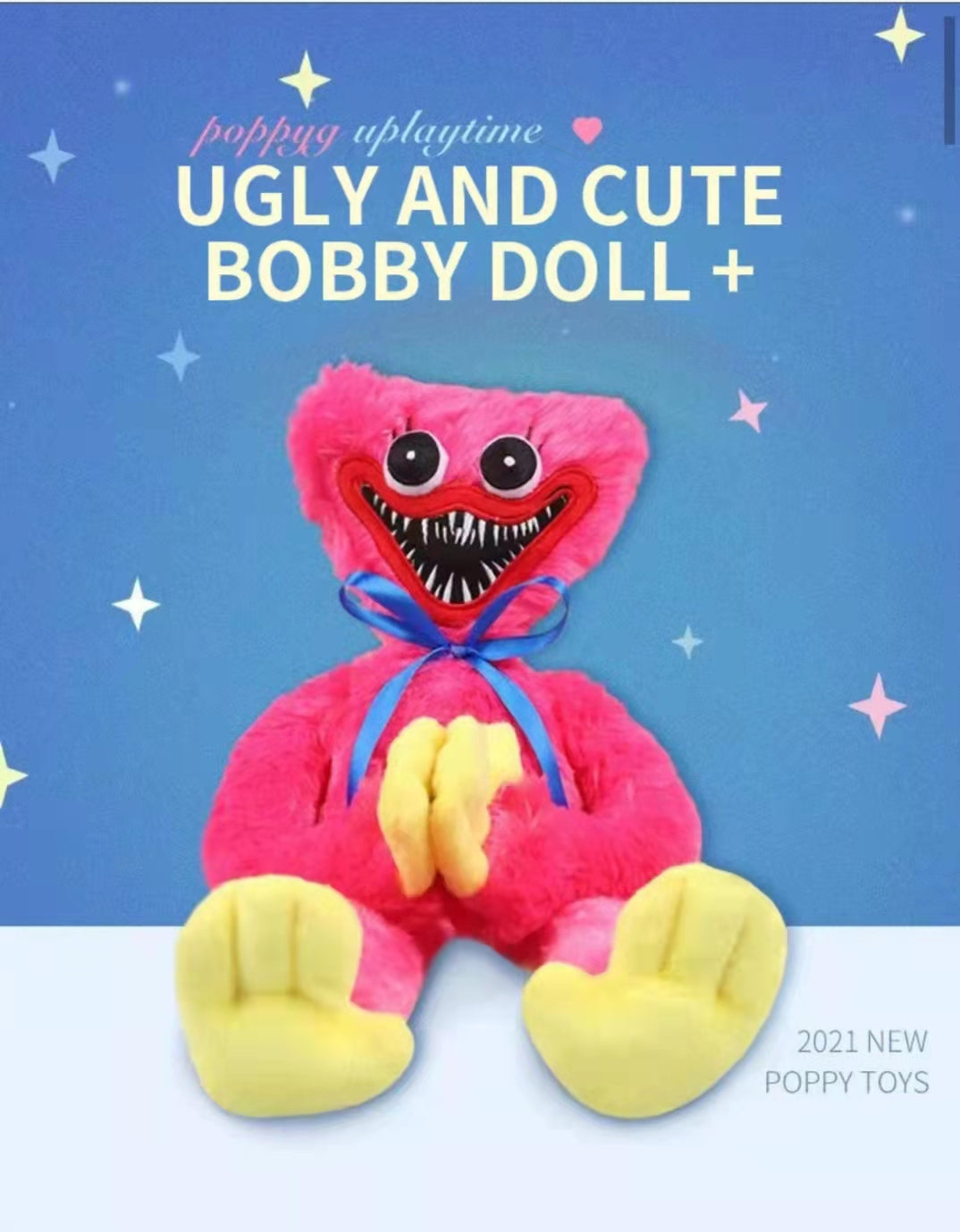 huggie wuggie Pink and yellow plush toy with a blue ribbon on a blue background, labeled 'Ugly and Cute Bobby Doll'.